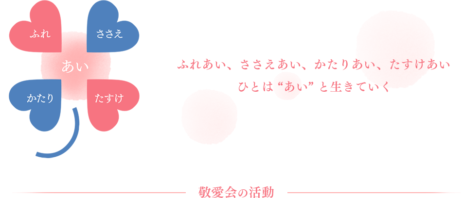 ふれあい、ささえあい、かたりあい、たすけあい　ひとは’あい’と生きていく　敬愛会の活動